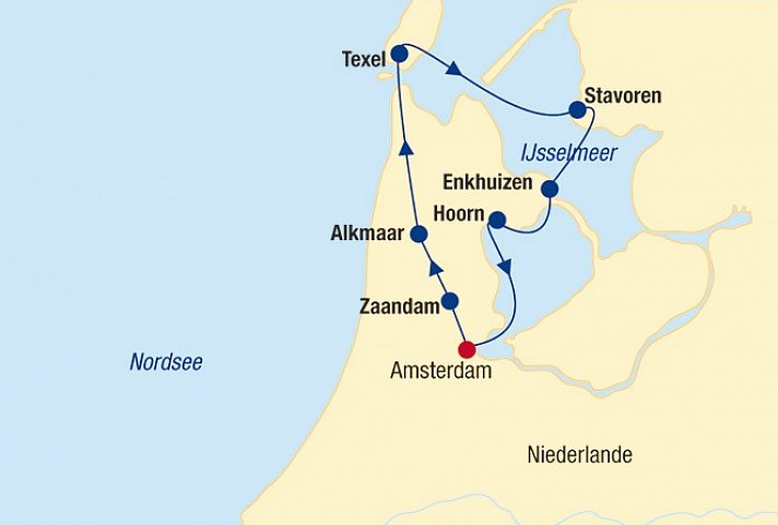 Flusskreuzfahrt Nordholland Boat & Bike - Routenkarte Niederlande Nord