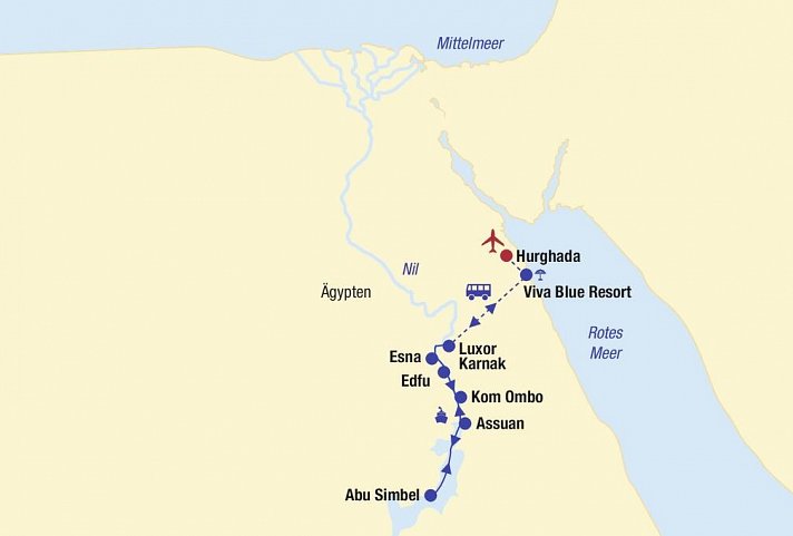 Nilkreuzfahrt & Baden Sharm el Naga - Route Hurghada/Sharm el Naga, Luxor, Edfu, Kom Ombo, Assuan, Abu Simbel, Assuan, Edfu, Esna, Luxor, Hurghada/Sharm el Naga
